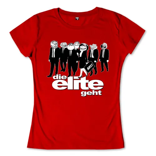 Sieben Personen mit Meme-Gesichtern auf rotem Hintergrund tragen Anzüge, eine trägt eine Aktentasche.