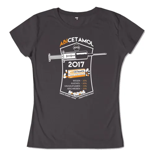 Graues T-Shirt Design mit Spritze, Text "ABI CETAMOL 2017" und Prozentangaben zu Wissen und Alkohol.