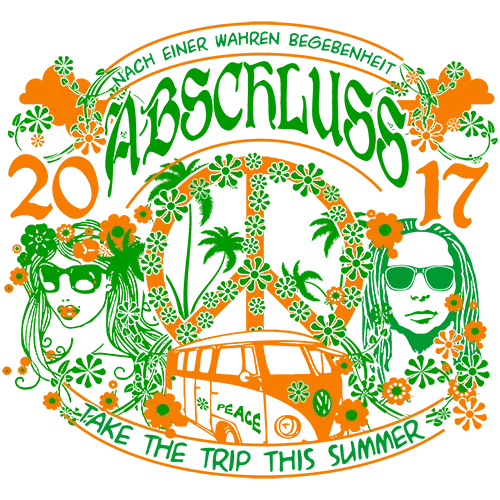 Schwarzes T-Shirt mit buntem Design, das einen VW-Bus, Blumen und die Aufschrift "Abi Abschluss 2017" zeigt.