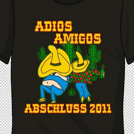 Schwarzes T-Shirt mit buntem Druck eines umgestürzten Esels, Kaktus und Schriftzug "Adios Amigos Abschluss 2011".
