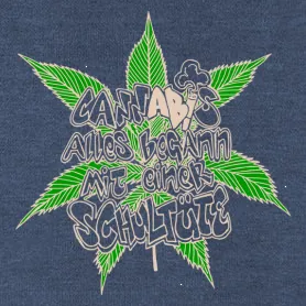 Grafik eines Cannabisblatts mit deutschem Text "Cannabis, alles begann mit einer Schultüte" in Weiß.