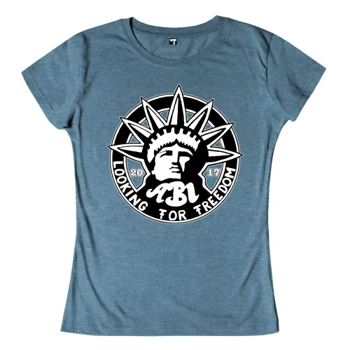 Schwarzes Logo auf blauem Hintergrund mit der Statue of Liberty, umgeben von Sternen und dem Text "LOOKING FOR FREEDOM ABI 2017".