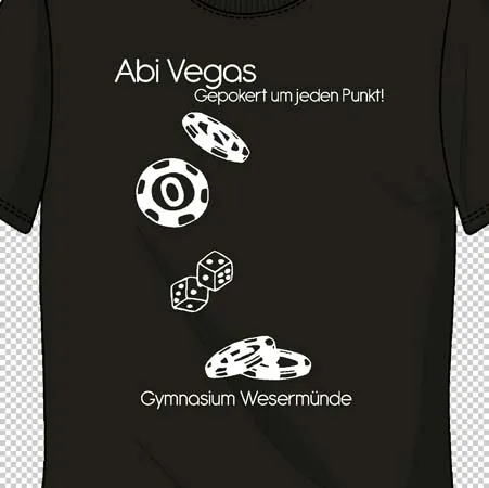 Schwarzes T-Shirt mit Aufdruck "Abi Vegas" und Glücksspielmotiven, "Gepokert um jeden Punkt!"