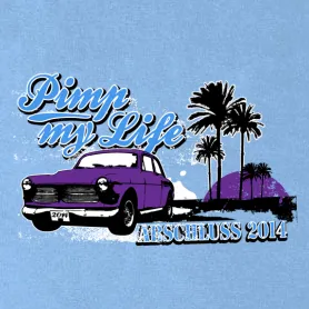 t-Shirt-Design mit lila altem Auto und Palmen vor Sonnenuntergang, Text "Pimp my Life, Abschluss 2014".