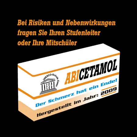 Grafik einer Medikamentenverpackung mit der Aufschrift 'ABICETAMOL', Scherz-Text, erstellt 2009.