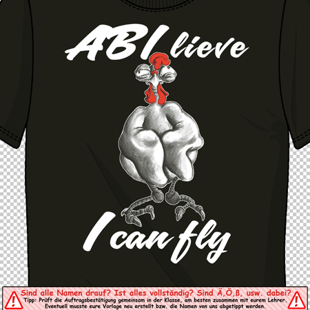 Schwarzes T-Shirt mit einem weiß gezeichneten muskulösen Mann und Weihnachtsmütze, Text "ABI lieve I can fly" darauf.
