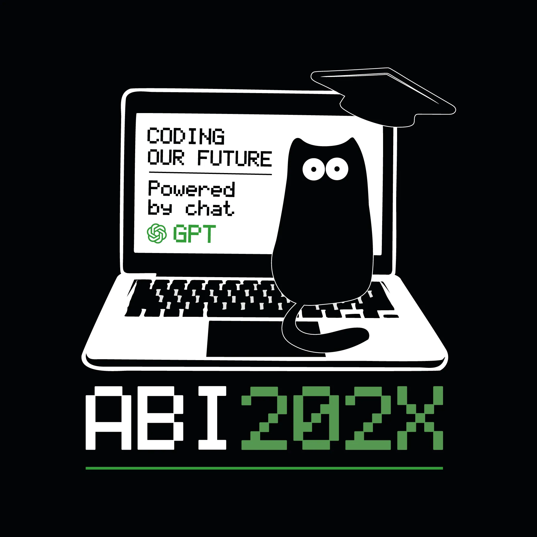 Schwarzweisse Grafik mit offenem Laptop einer sitzenden Katze auf der Tastatur Bildschirm zeigt Coding Our Future Powered by chat GPT und darunter ABI202X