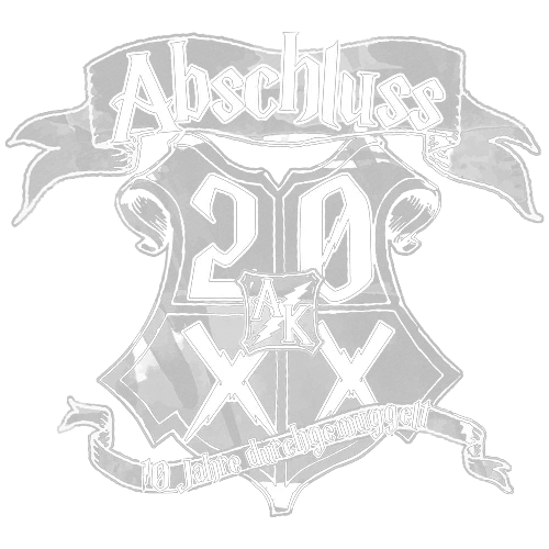 Schwarzes und weißes Grafikdesign mit der Aufschrift 'Abschluss 2020' und '10 Jahre durchgemuggelt'.