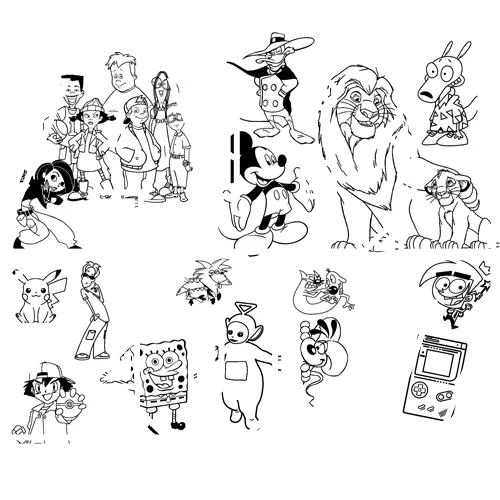 Illustration verschiedener Zeichentrickfiguren aus den 90ern, angeordnet um die Zahlen 2017.