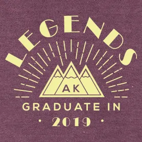 Schwarzes Logo mit Text "LEGENDS", drei Bergen und "GRADUATE IN 2019".