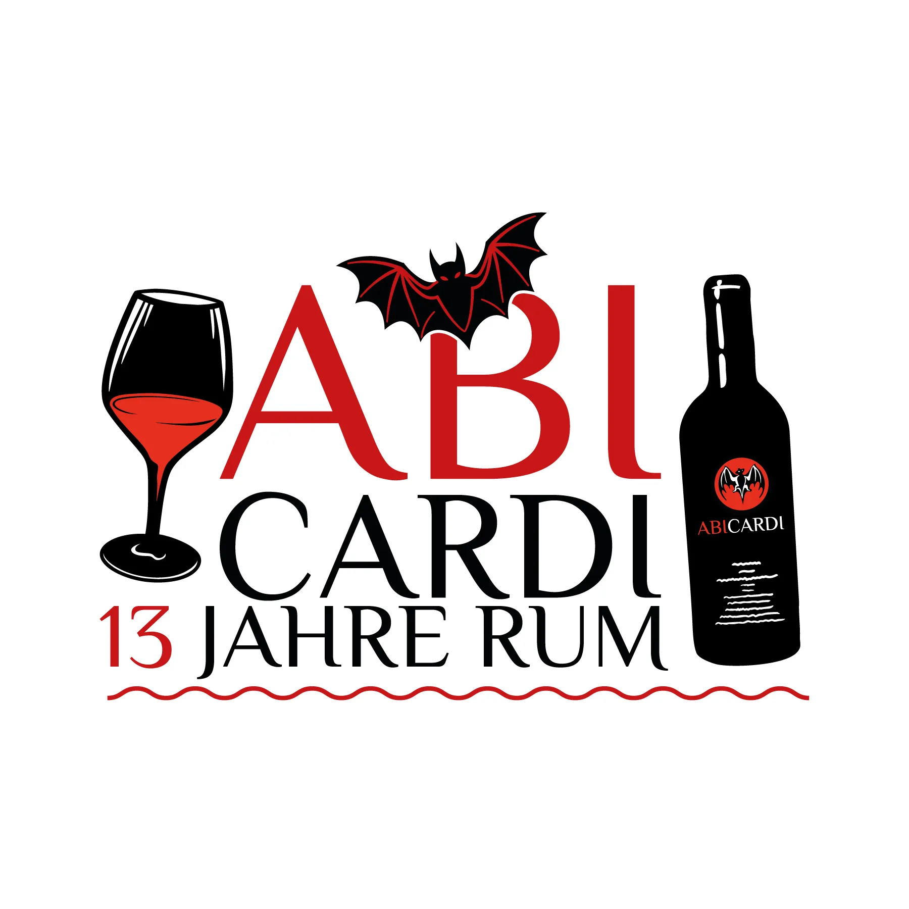 Logo mit weinglas halb voll rotwein schwarze rumflasche rote fledermaus und schriftzug ABI Cardi 13 Jahre Rum