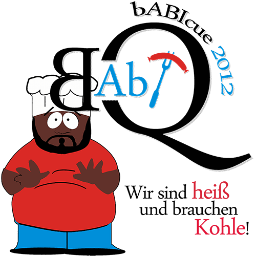 Karikatur einer Figur im Kochoutfit mit großem schwarzen "BQ" und Text "Wir sind heiß und brauchen Kohle!"