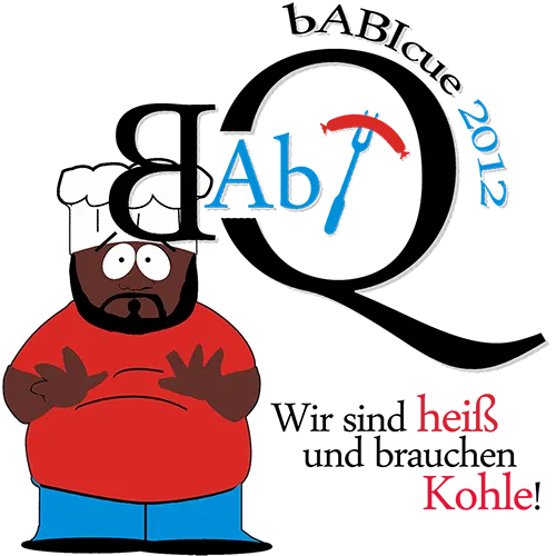 Karikatur einer Figur im Kochoutfit mit großem schwarzen "BQ" und Text "Wir sind heiß und brauchen Kohle!"