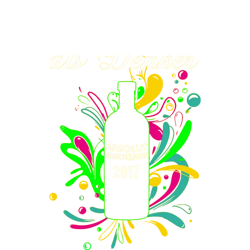 Eine Flasche mit der Aufschrift "ABSOLUT ABSCHLUSS 2017" umgeben von bunten Farbspritzern auf dunkelblauem Hintergrund.