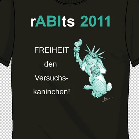 Schwarzes T-Shirt mit der Aufschrift 'rABIts 2011' und Grafik eines Kaninchens als Freiheitsstatue.