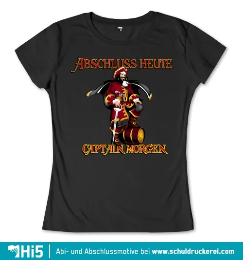 Grafik eines Piraten mit Schwert und Fass, "Abschluss Heute" und "Captain Morgan" Text.
