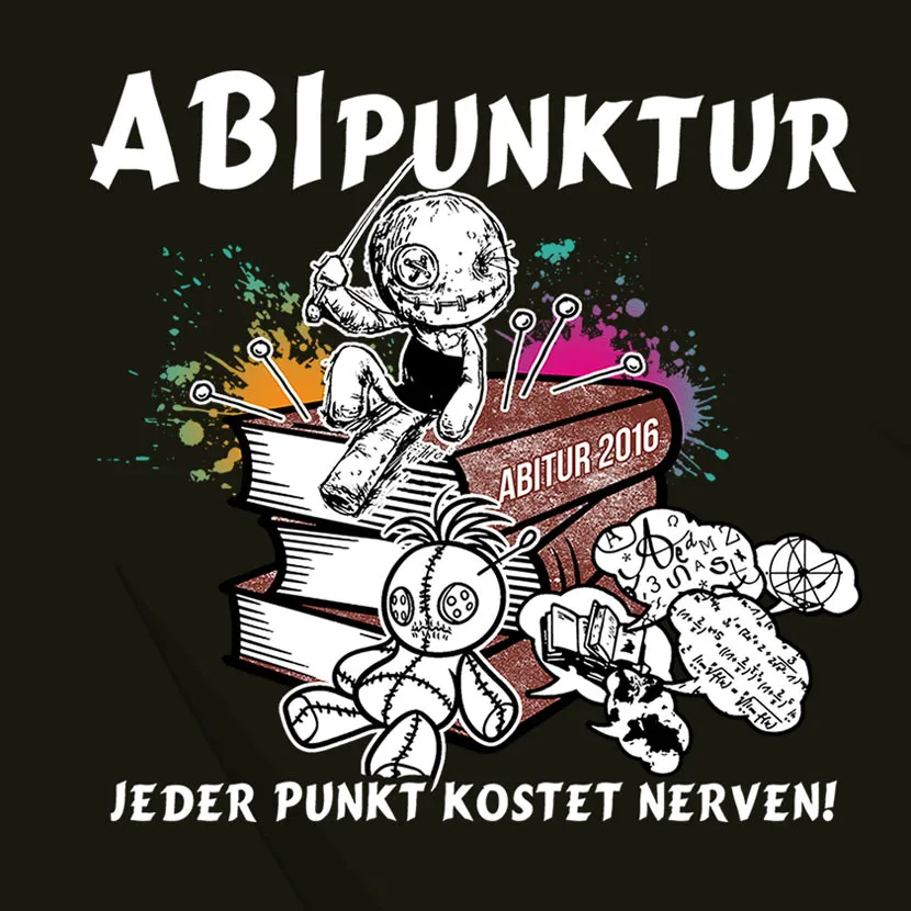 Illustration mit Wort 'ABIPUNKTUR', Puppe mit Stiften im Kopf, Buchstapel, Jahreszahl 2016.