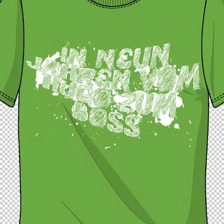 gruenes_tshirt_mit_weisser_schrift Grünes T-Shirt mit weißer, verwaschener Schrift, die teilweise schwer lesbar ist.
