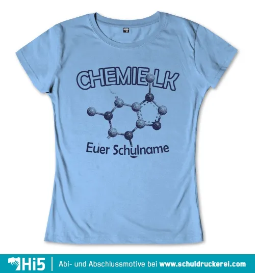 Abdruck eines Molekülmodells mit der Überschrift "CHEMIE LK" und dem Text "Euer Schulname" auf einem T-Shirt.