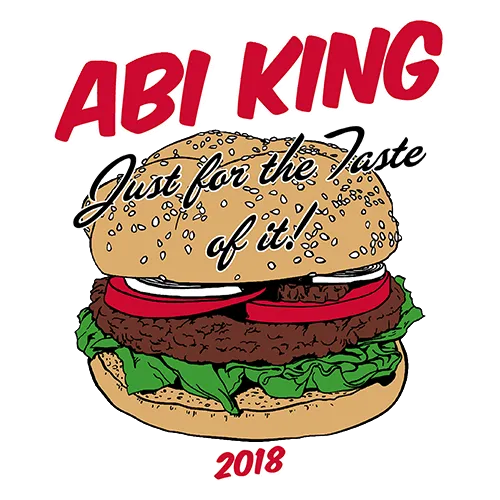 Illustration eines Hamburgers mit den Worten "ABI KING Just for the taste of it!" und Jahreszahl 2018 auf grünem Hintergrund.