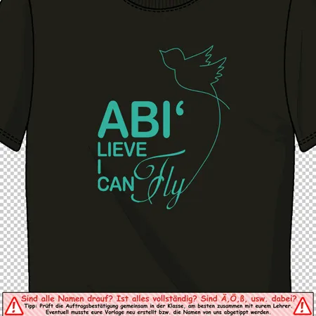Grünes T-Shirt mit weißem Aufdruck "ABI LIEVE I CAN FLY" und Vogelsilhouette.