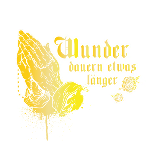 Grafik von gefalteten Händen, Rosen, geleerter Farbdose auf schwarzem Grund, Text "Abi-Abschluss 2012".