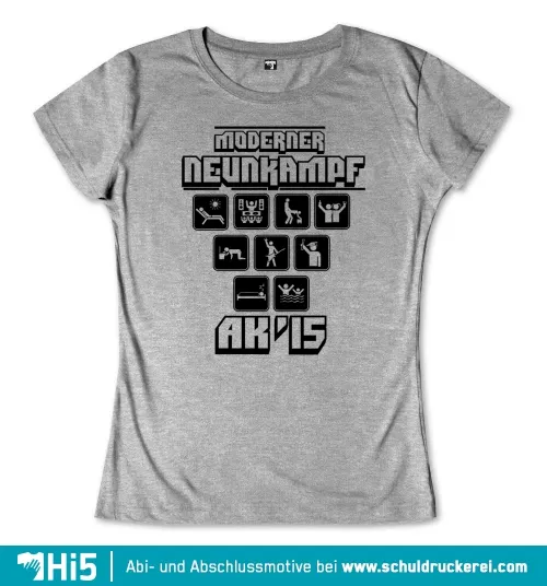 Graues T-Shirt Design mit "Moderner Neunkampf AK'15" Text und neun Symbolen wie TV, Handy und Bierglas.
