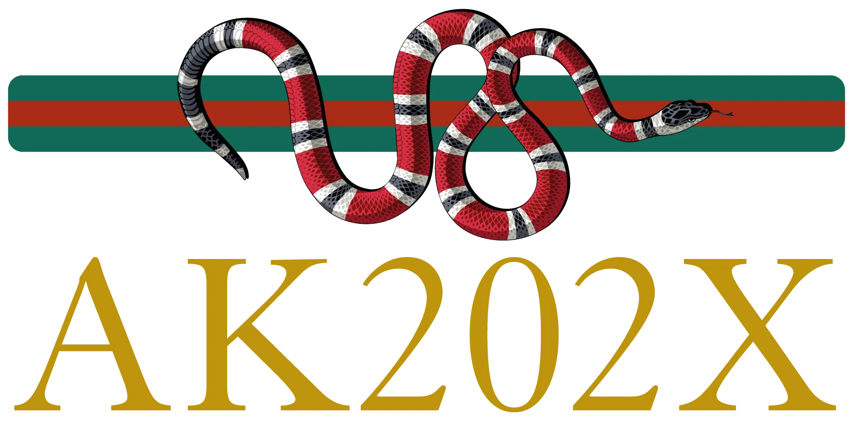 Goldene Schrift AKZOZX unter gruenem Balken mit rotem Streifen und rot schwarz weiss gestreifter Schlange