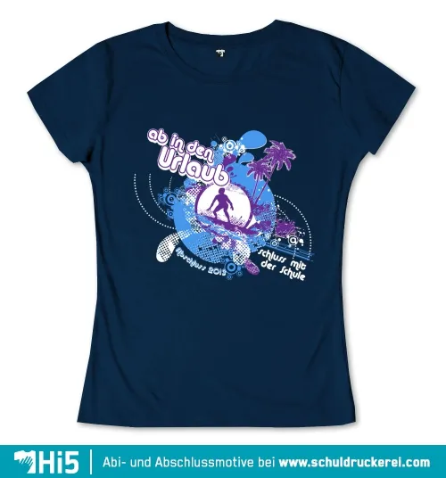 Grafik mit Text 'ab in den Urlaub' und 'Schluss mit der Schule', Palmen, Surfer und Weltkugel auf dunkelblauem Hintergrund.