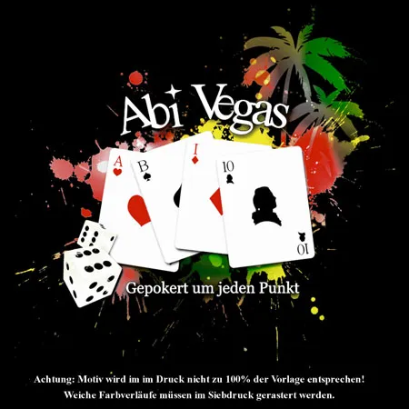 Vier Spielkarten und ein Würfel auf einem farbenfrohen, spritzigen Hintergrund mit dem Text "Abi Vegas".