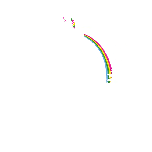 Silhouette eines Einhorns springend über einem Regenbogen, Berge und Bäume im Hintergrund.