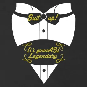 Grafisches T-Shirt-Design mit einer stilisierten weißen Anzugjacke und gelber Text "Suit up!" oben, "It's gonna be legendary" unten.