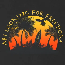 Sonnenuntergang mit Palmen und Vogel im Kreis, Text "ABI LOOKING FOR FREEDOM ABI 2018".