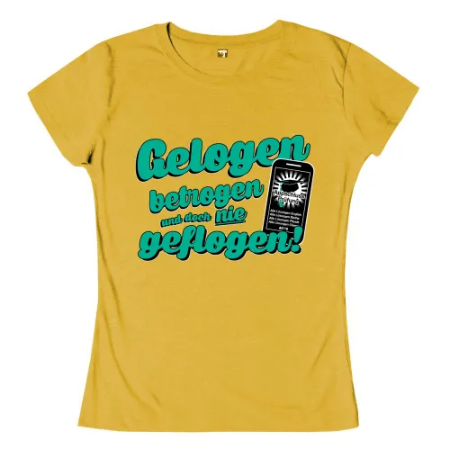 Grafik mit Text "Gelogen betrogen und doch nie geflogen!" und einem Smartphone-Bildschirm, der eine App zeigt.