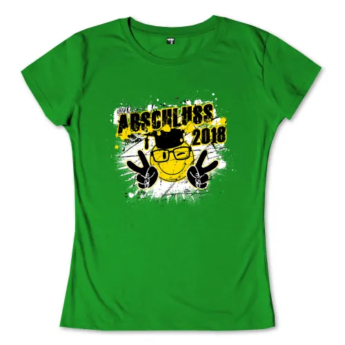 Gelbes Smiley-Gesicht mit Doktorhut und Peace-Zeichen auf grünem Hintergrund, Text 'Abschluss 2018'.