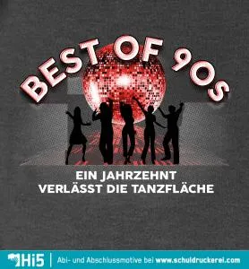 Silhouetten von fünf Personen tanzen unter einer Diskokugel mit dem Text "Best of 90s".