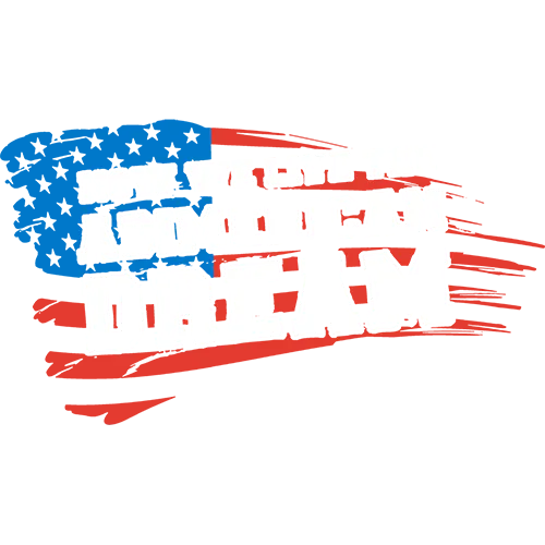 Grafik mit Text "NOW WE LIVE THE ABIMERICAN DREAM", blau und rot in einem grungy Stil.