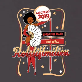 Illustration einer Frau, die eine Große Blüte hält, Text "Abschluss 2019", "Endlich raus aus dem Rotstiftmilieu".