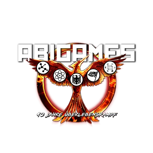 Logo mit "ABIGAMES" über einem Phoenix, der Symbole hält, und Text "12 Jahre Überlebenskampf" darüber.