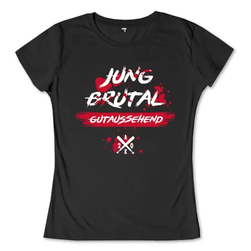 Schwarzes T-Shirt mit "Jung Brutal Gutaussehend" Text in Weiß und Rot, Blutspritzer-Motiv.