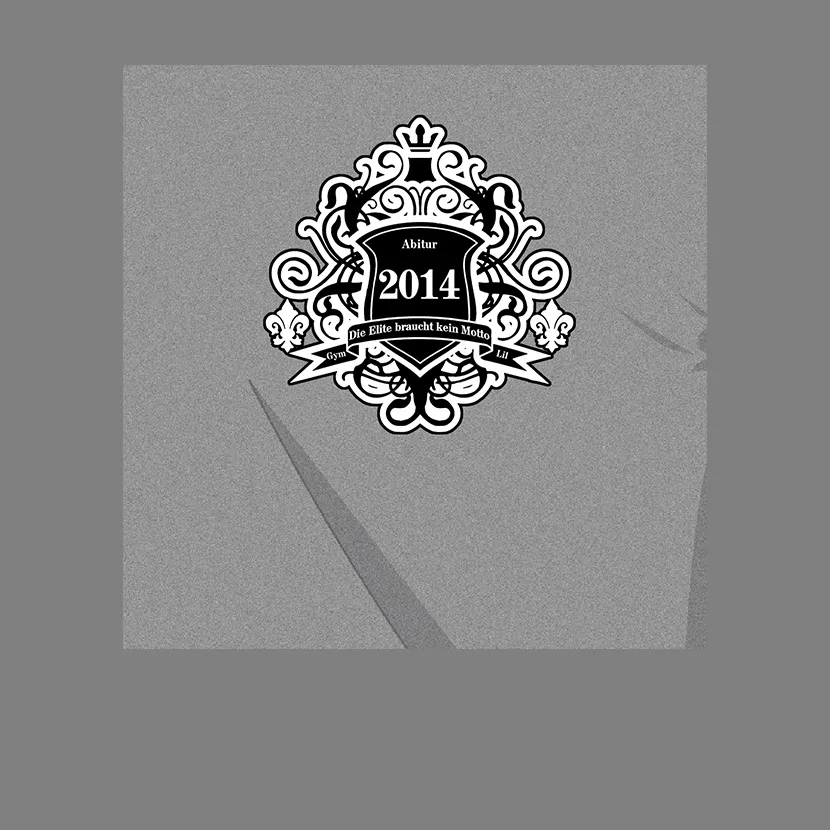 Grafisches Emblem mit Text "Abitur 2014" und "Die Elite braucht kein Motto" in dekorativem Rahmen.