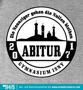 Schwarzes Logo mit Isny Silhouette, Text 'Abitur Gymnasium Isny 2017', umkreist von 'Die Neunziger gehen die Nullen bleiben'