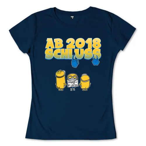 Drei Minions unter dem Text "AB 2018 SCHLUSS", einer hält ein Schild mit "Umgeben von Idioten".