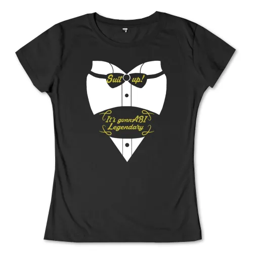 Grafisches T-Shirt-Design mit einer stilisierten weißen Anzugjacke und gelber Text "Suit up!" oben, "It's gonna be legendary" unten.