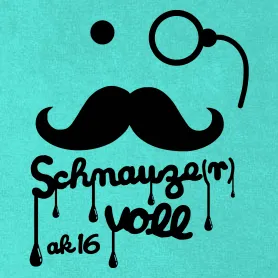 Schwarze Grafik eines Schnurrbarts und Monokels, Text „Schmauzevoll ak16“ mit Tropfen.