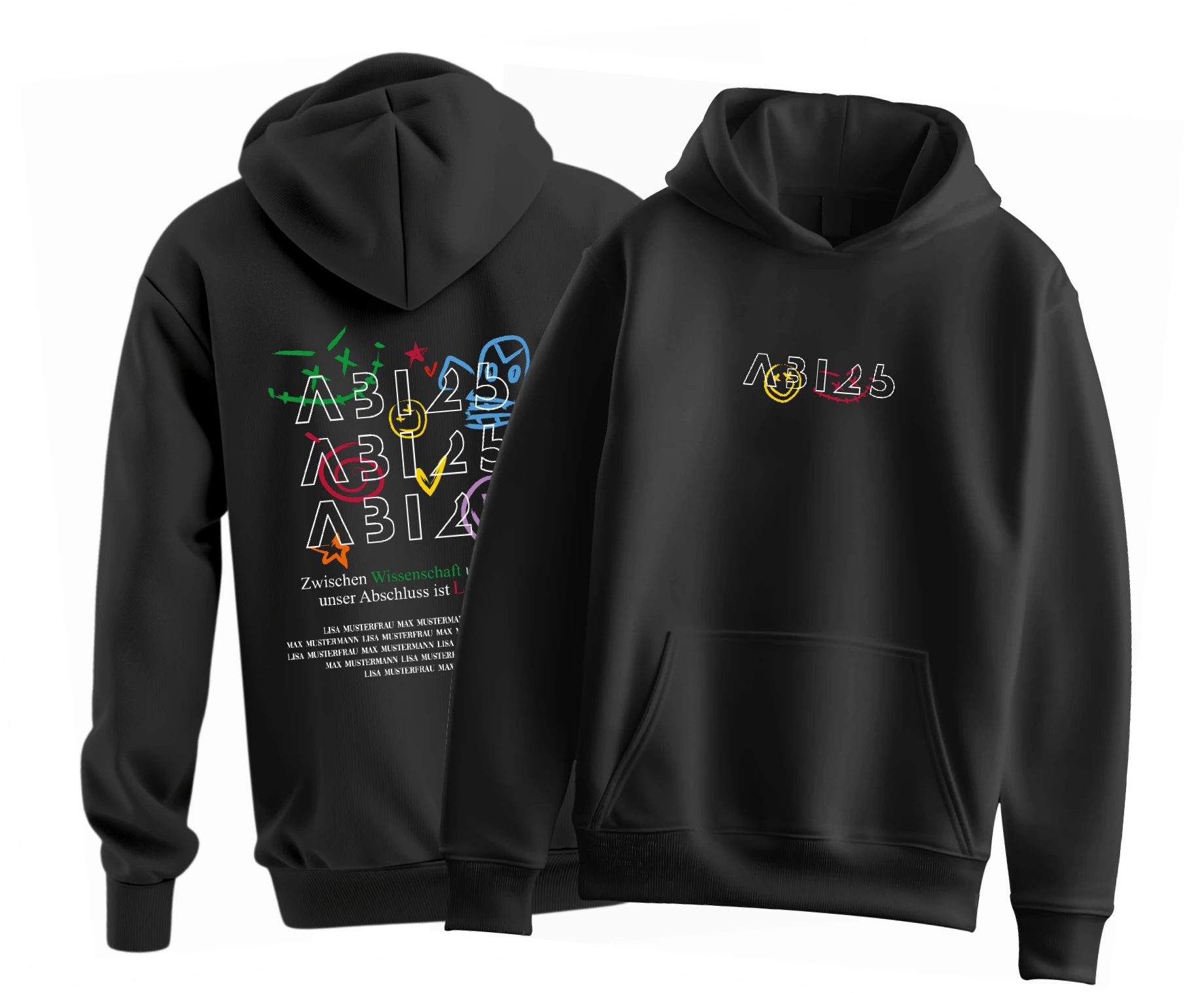 Schwarzer Hoodie mit kleinem ABI25 vorne und auf der Rückseite buntem ABI25 mit Skizzen und Schrift Zwischen Wissenschaft Kunst Abschluss ist Liebe
