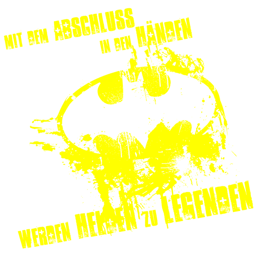 Digitale Text-Collage mit der Phrase "MIT DEM ABSCHLUSS IN DEN HAENDEN WERDEN WIR ZU LEGENDEN" auf schwarzem Hintergrund.