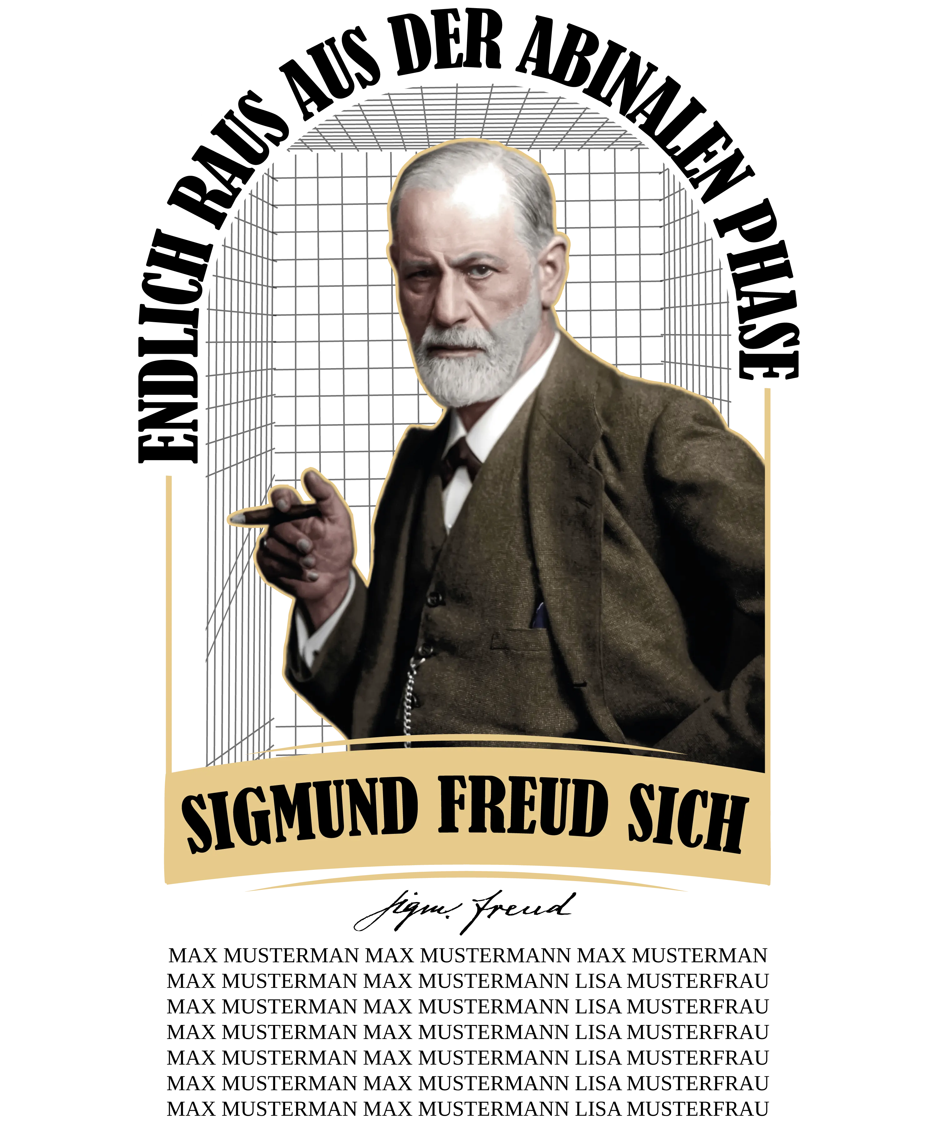 Bild von Sigmund Freud im braunen Anzug mit Zigarre vor schwarzem Hintergrund über Banner mit Schriftzug SIGMUND FREUD SICH