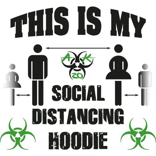 Graues Hoodie-Design mit Text "THIS IS MY SOCIAL DISTANCING HOODIE", Icons von Menschen und Viren, und "2m" Abstandsangabe.