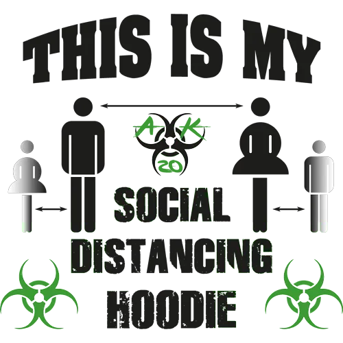 Graues Hoodie-Design mit Text "THIS IS MY SOCIAL DISTANCING HOODIE", Icons von Menschen und Viren, und "2m" Abstandsangabe.